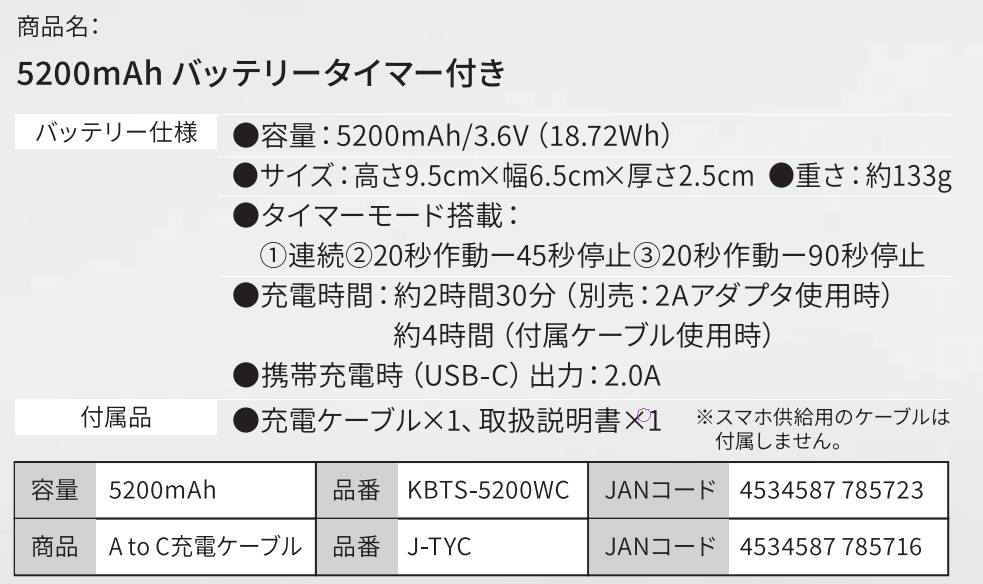 5200mAhバッテリータイマー付き(リチウムイオンバッテリー)